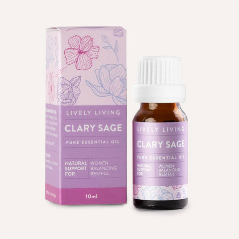 Clary Sage essential oil bottle and packaging with floral design on a white background