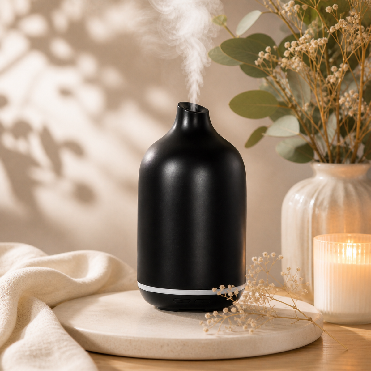 Black essential oil diffuser on a wooden surface with a candle and plants in the background
