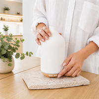Person holding a white diffuser on a wooden surface with a plant in the background