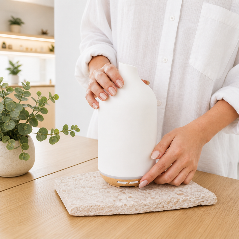 Person holding a white diffuser on a wooden surface with a plant in the background
