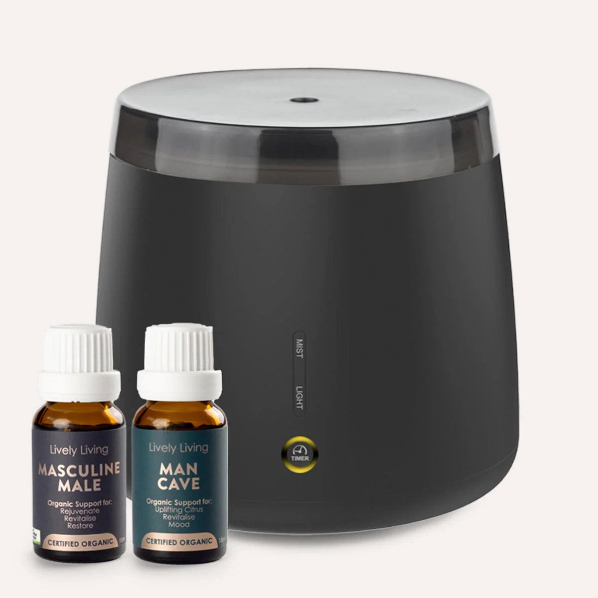 Black diffuser with two bottles of Lively Living essential oils on a white background