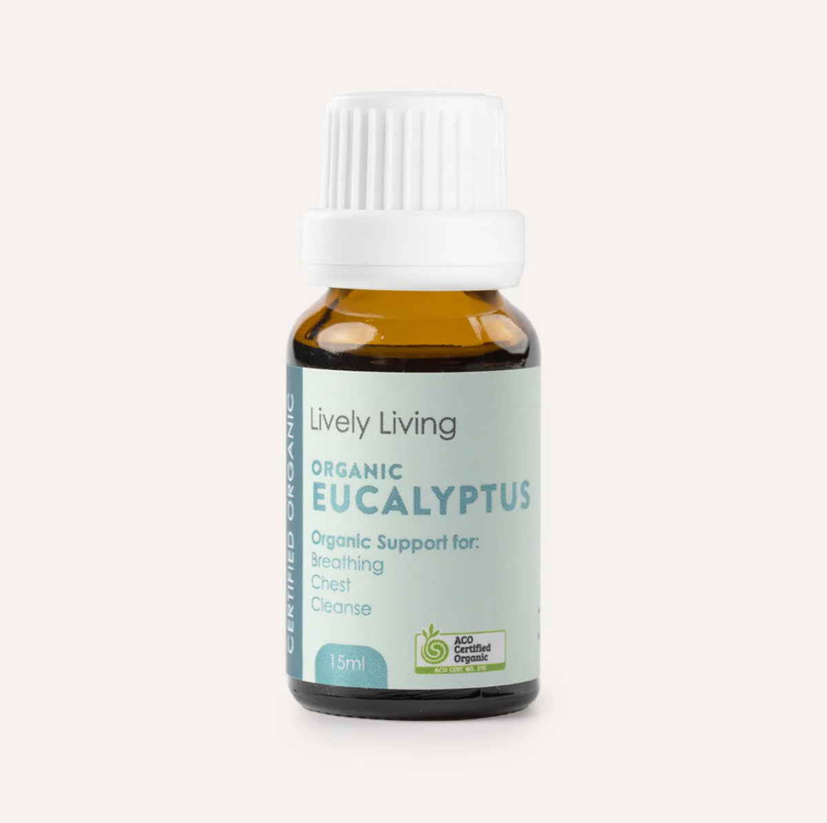 Bottle of Lively Living Organic Eucalyptus oil on a white background