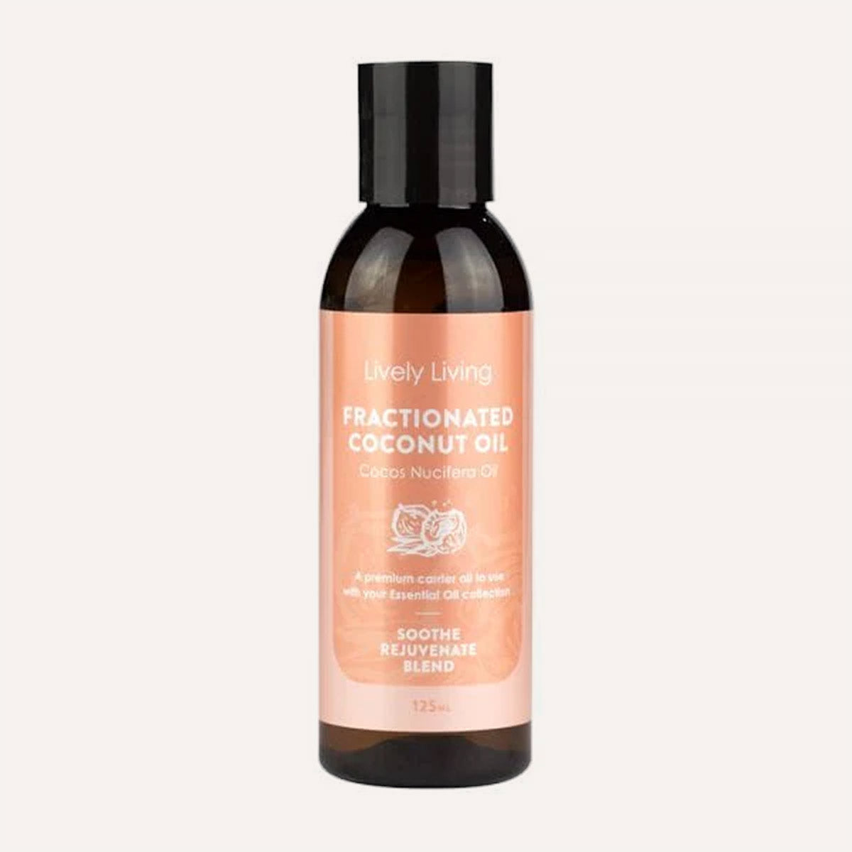Bottle of Lively Living Fractionated Coconut Oil on a white background