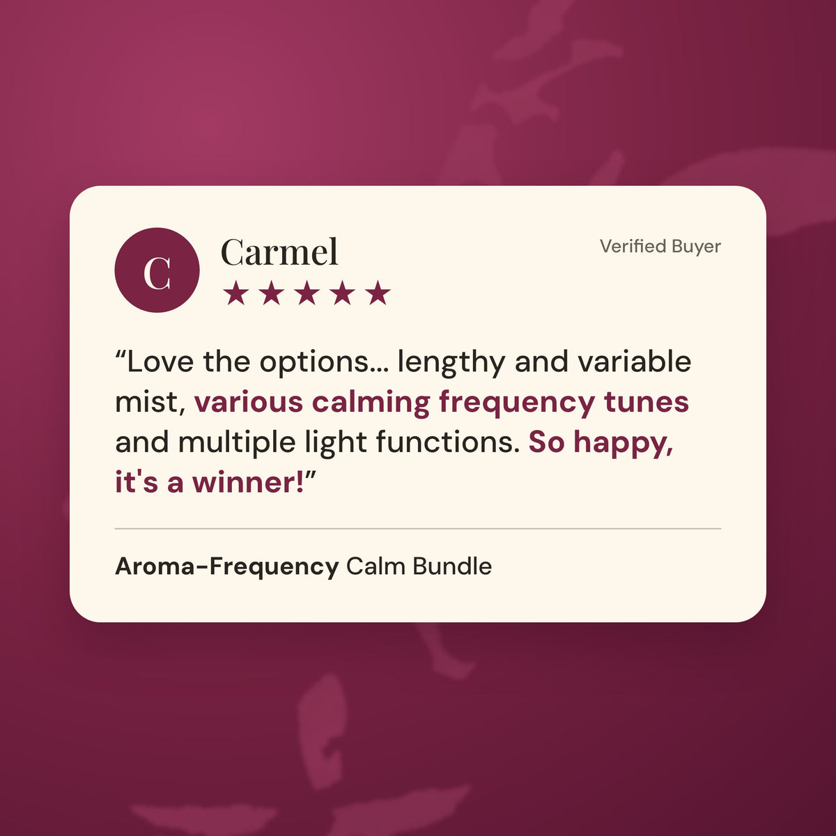 Five star customer review of the Aroma-Frequency Sound Diffuser
