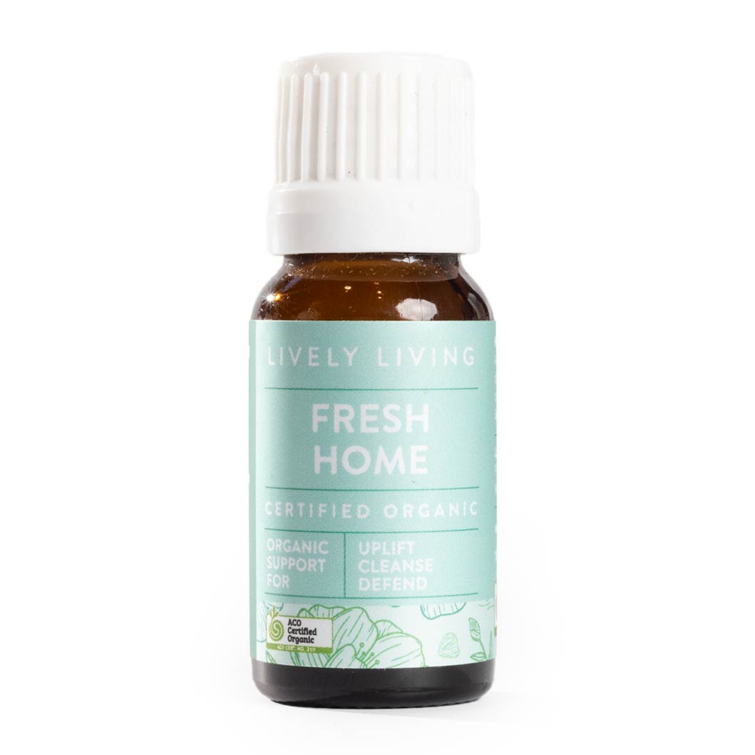 Lively Living Fresh Home essential oil with green branding on white background