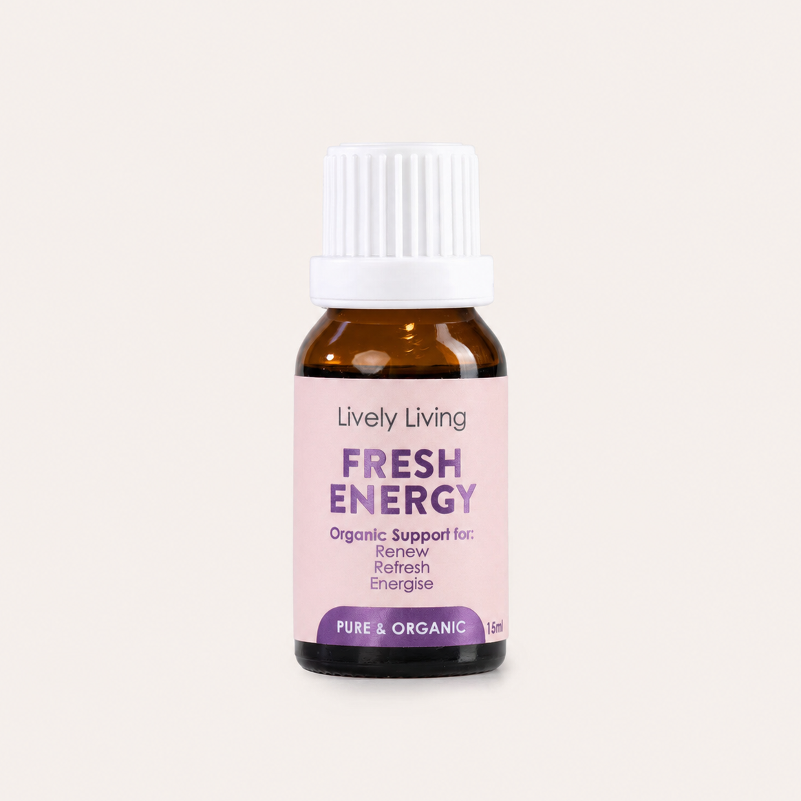 A small amber glass bottle with a white ribbed cap and a pale pink label reading 'Lively Living FRESH ENERGY' on a light warm-gray background.