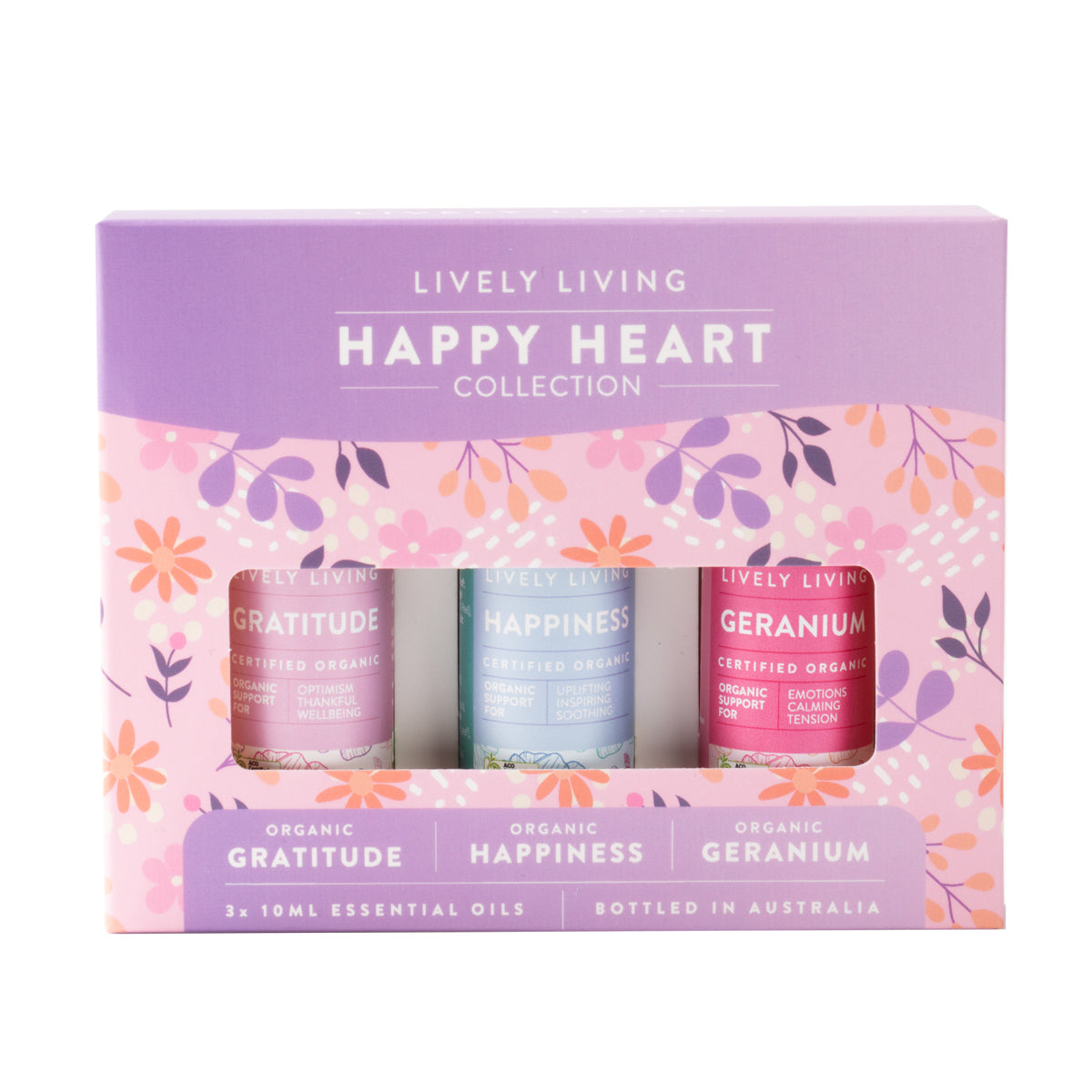 Happy Heart Collection gift box with organic Gratitude, Happiness and Geranium essential oils