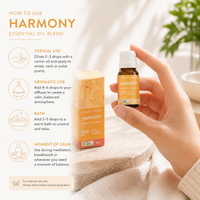 Harmony essential oil blend bottle and packaging with usage instructions.