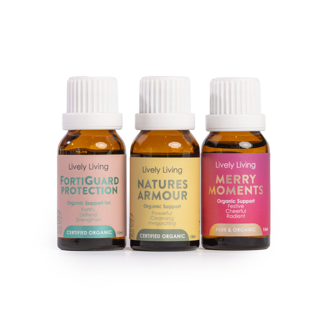 Three bottles of Lively Living essential oils on a white background