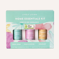 Lively Living home essentials kit packaging with three essential oil bottles on a light green background.