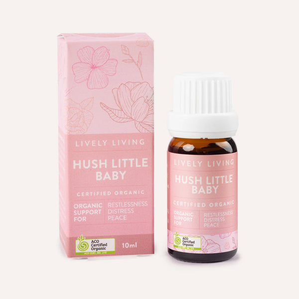 Lively Living Hush Little Baby organic product with pink packaging on a white background