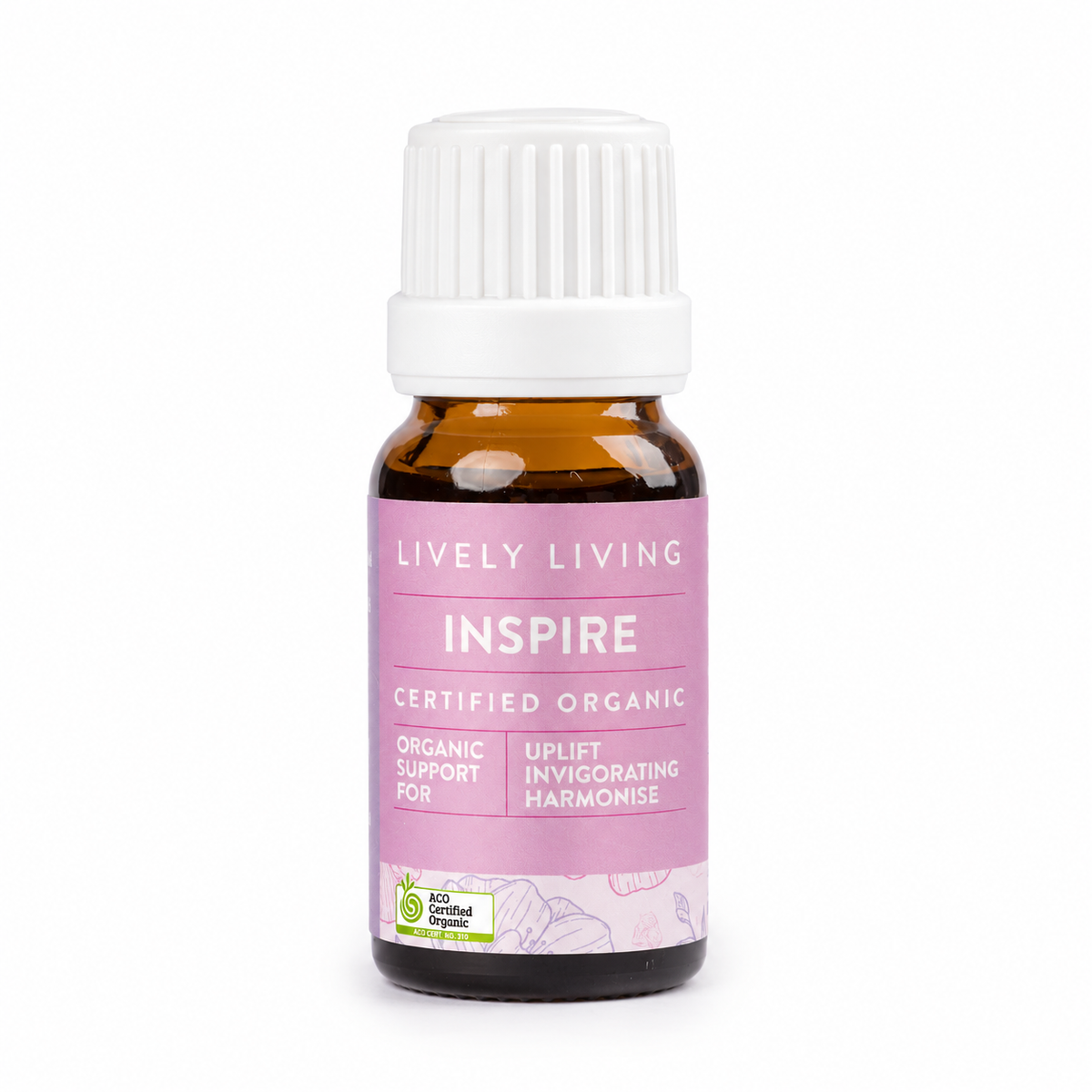 Lively Living Inspire certified organic essential oil in an amber bottle with a lilac label and ribbed white cap, front view on a white background