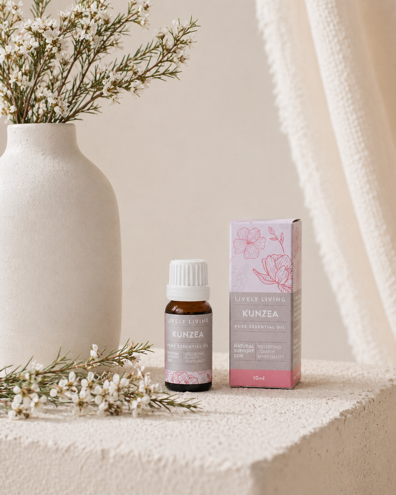 Lively Living Kunzea product with packaging on a neutral background