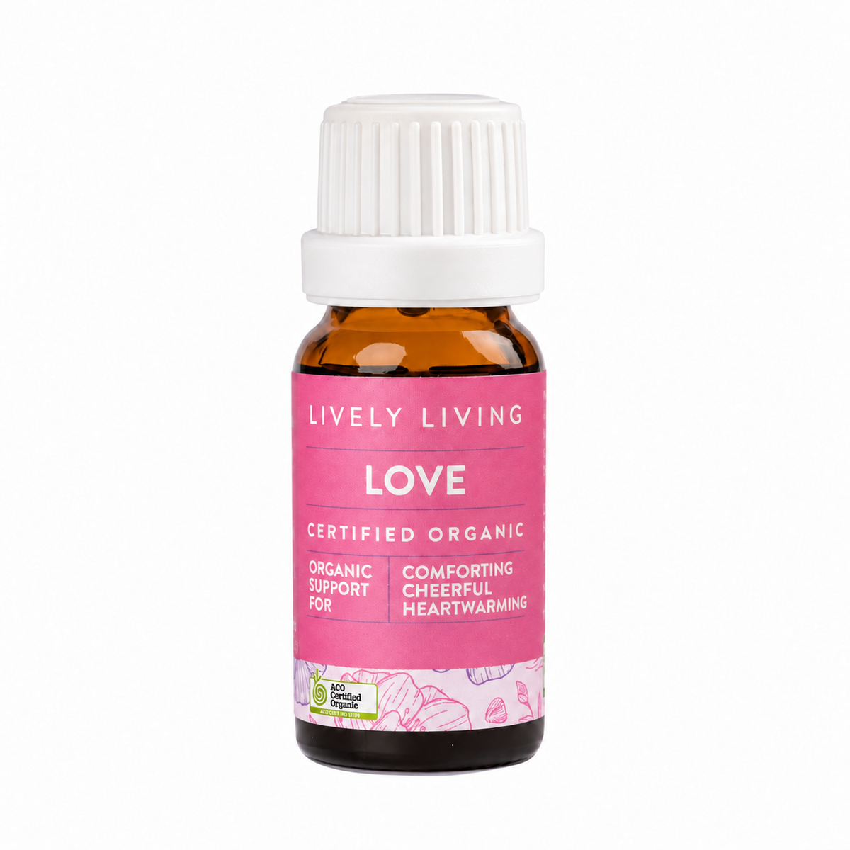 Lively Living Love certified organic essential oil in an amber bottle with a pink label and ribbed white cap, front view on a white background