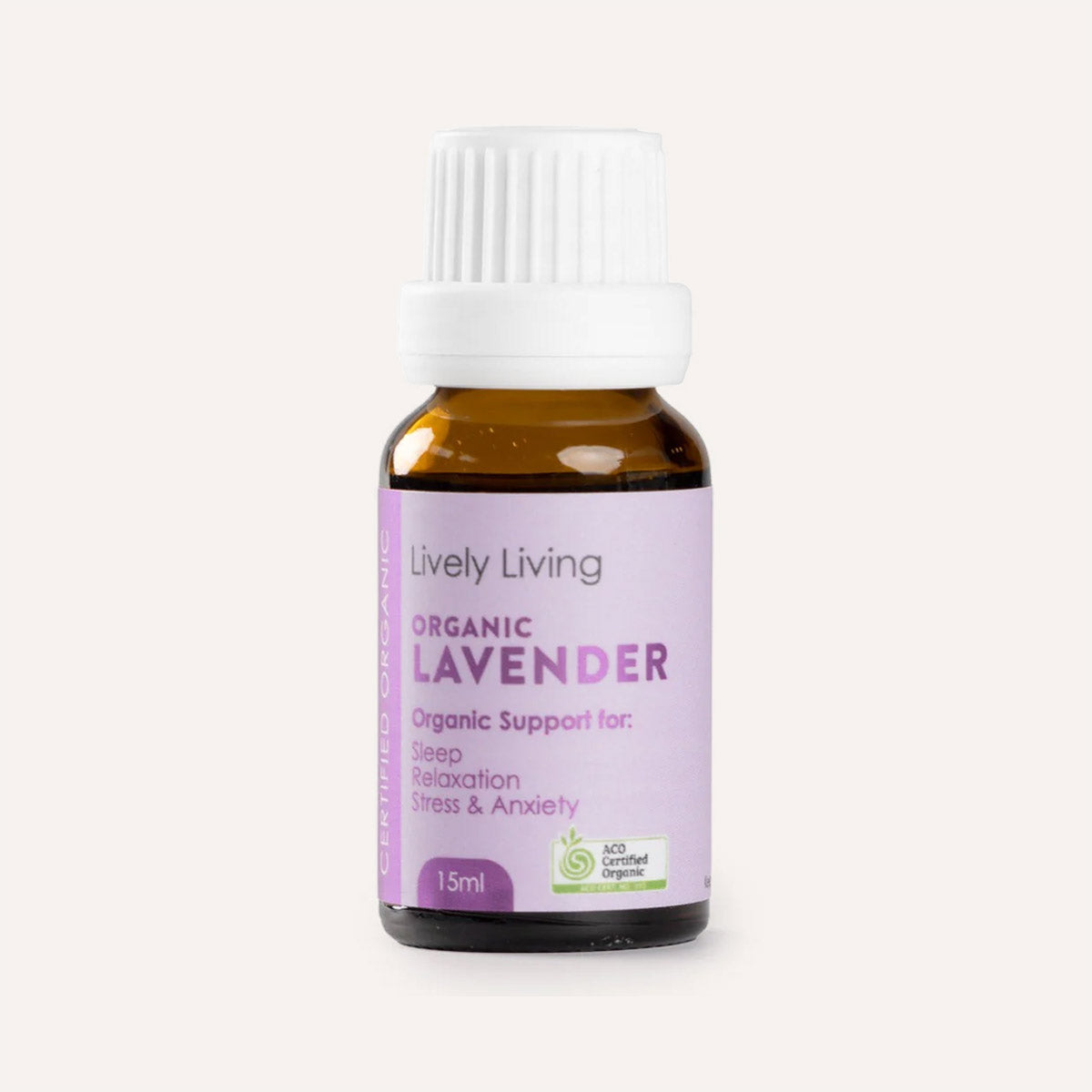 Lively Living organic lavender essential oil bottle on a white background