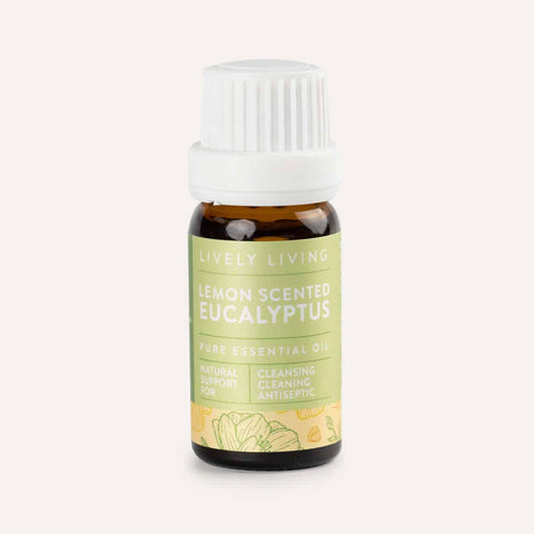 Bottle of Lively Living Lemon Scented Eucalyptus essential oil on a white background