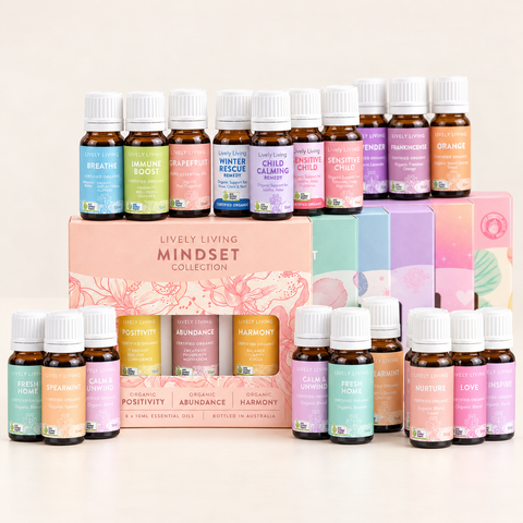 Lively Living Mindset Collection with Positivity, Abundance and Harmony, surrounded by bottles from the certified organic range