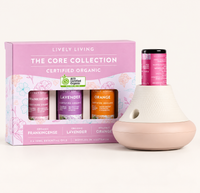 Lively Living Aroma-Oil Waterless Diffuser with an essential oil bottle fitted on top, beside The Core Collection gift box of certified organic Frankincense, Lavender and Orange
