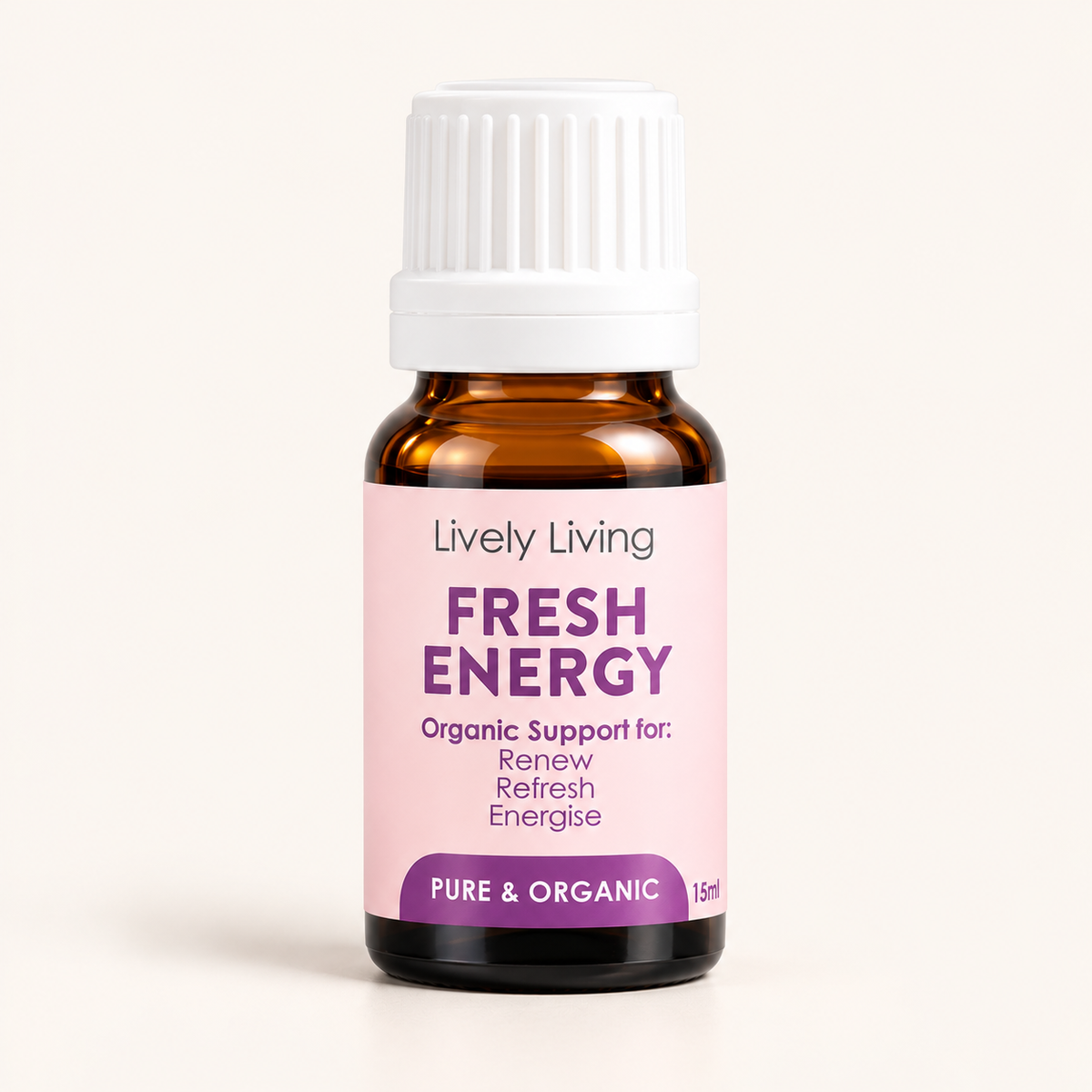Lively Living Fresh Energy pure and organic essential oil 15ml bottle with a pink label on a cream background