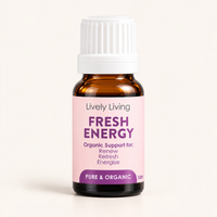 Lively Living Fresh Energy pure and organic essential oil 15ml bottle with a pink label on a cream background