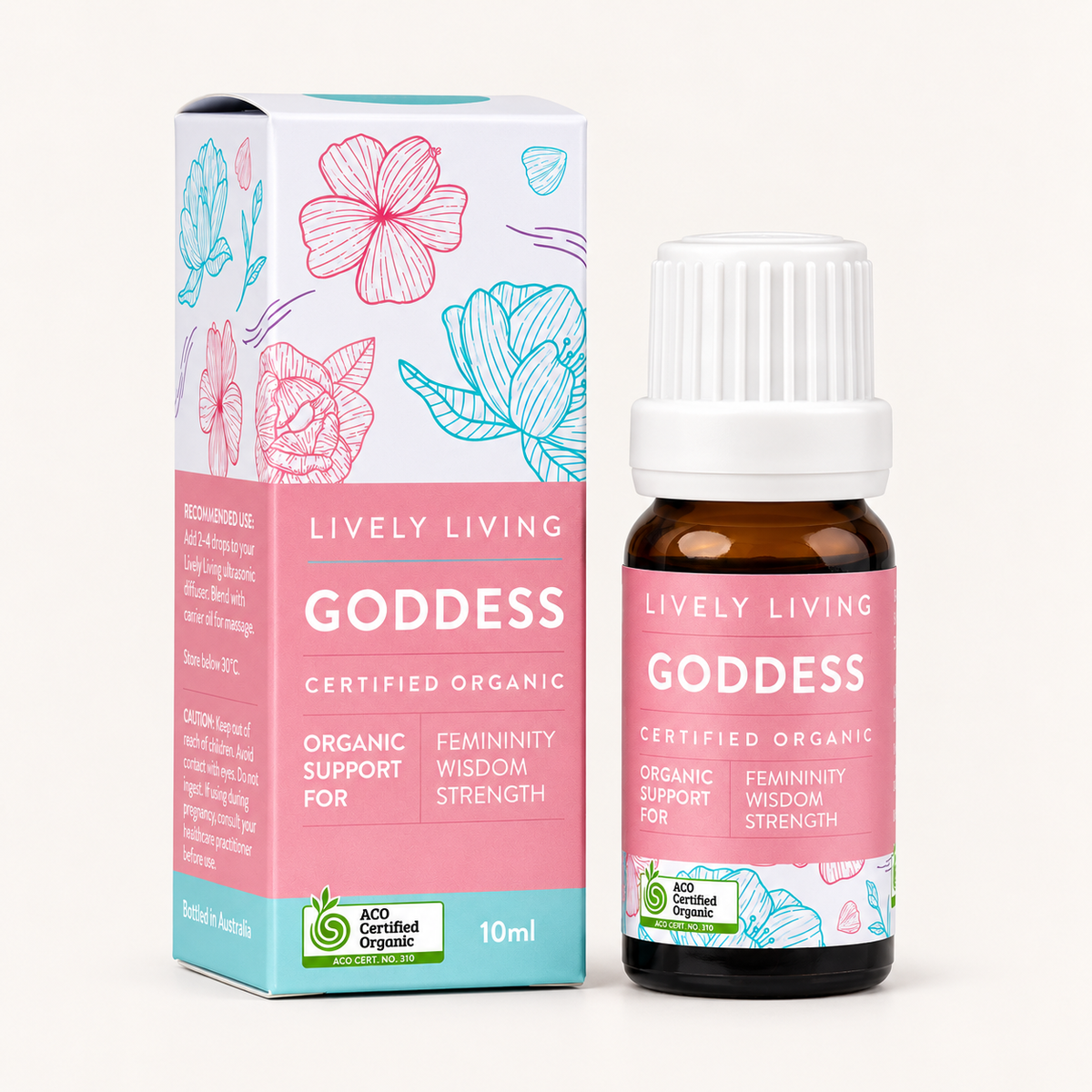 Lively Living Goddess certified organic essential oil 10ml bottle and box with the ACO Certified Organic logo on a white background
