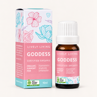 Lively Living Goddess certified organic essential oil 10ml bottle and box with the ACO Certified Organic logo on a white background
