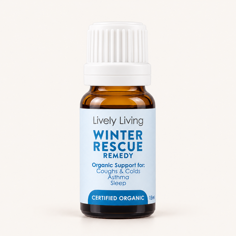 Lively Living Winter Rescue Remedy certified organic essential oil 15ml bottle on a plain cream background
