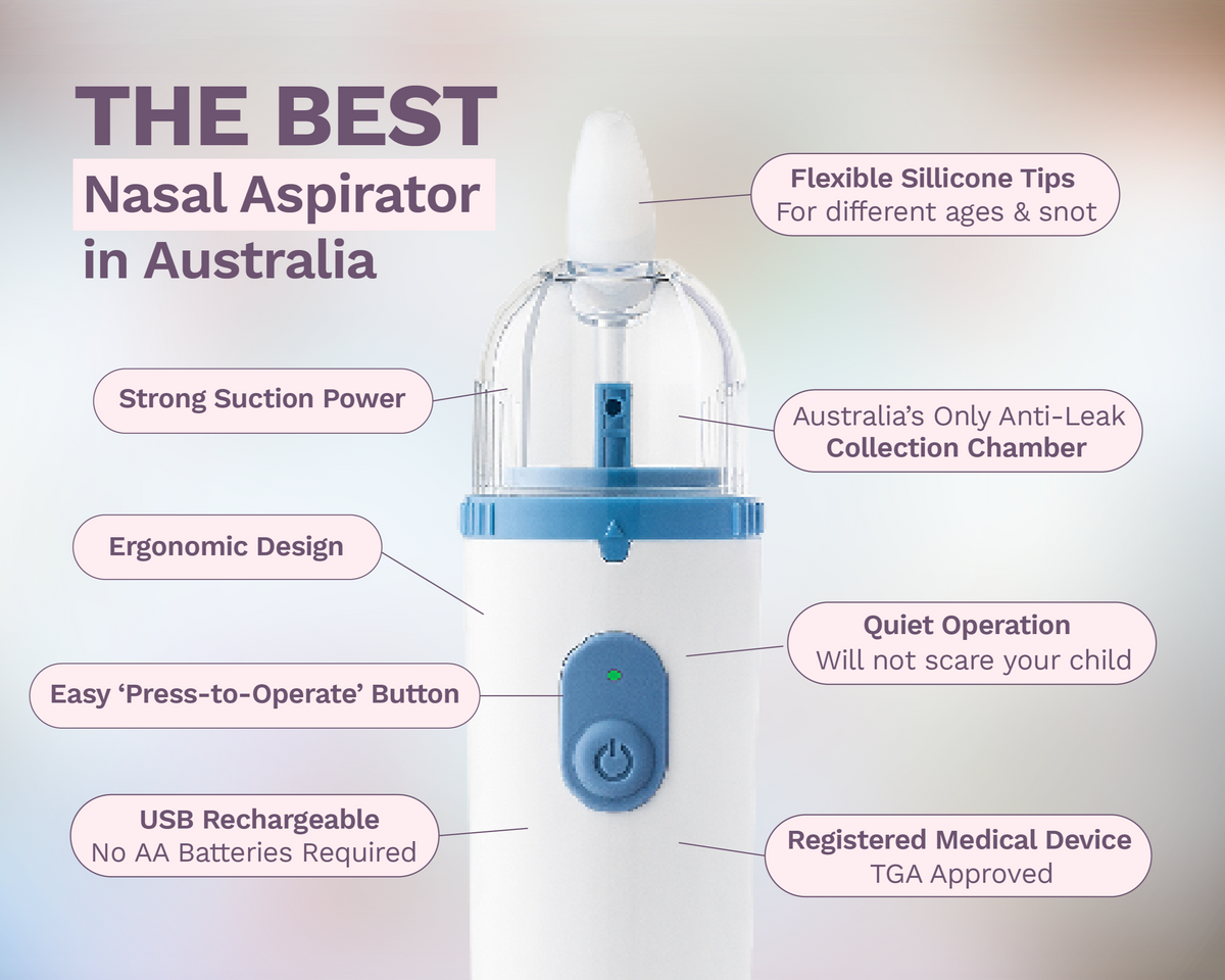Nasal Aspirator features including strong suction power, flexible silicone tip, quiet, and USB rechargeable