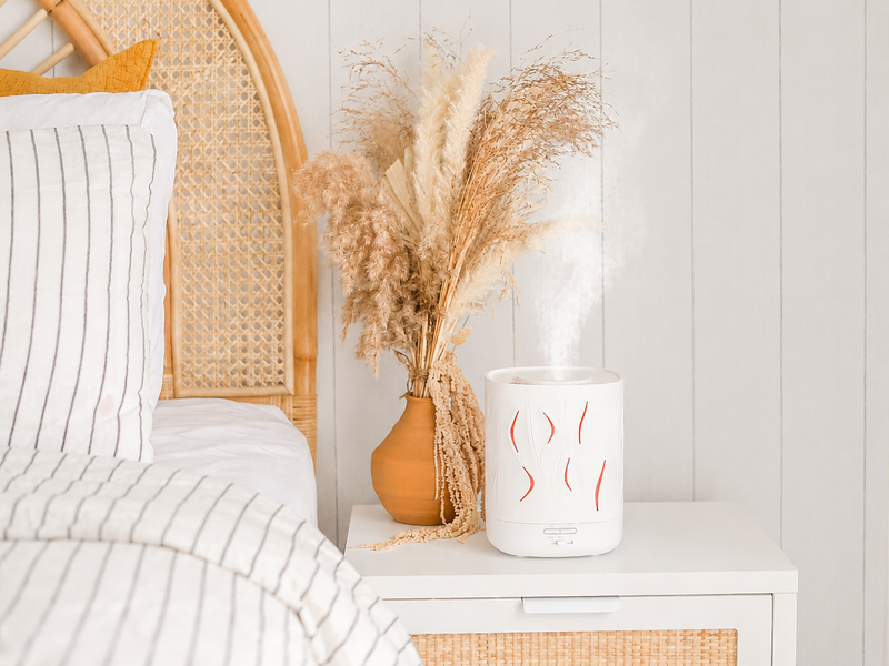 Diffuer with decorative elements on a shelf against a white wall