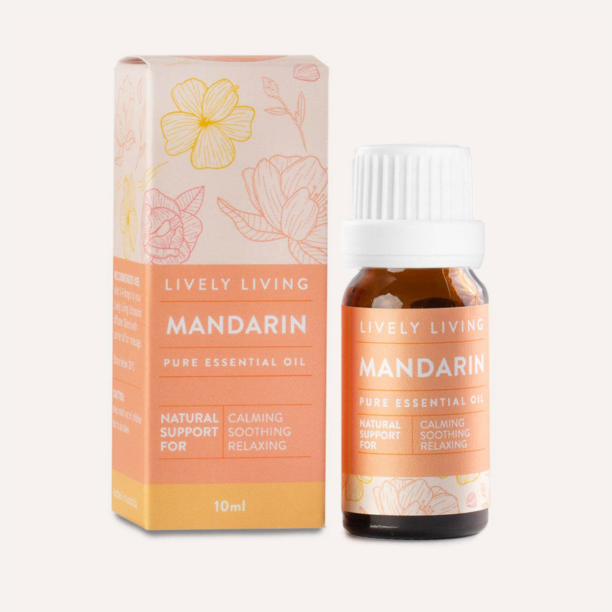 Lively Living Mandarin pure essential oil bottle and packaging on a white background