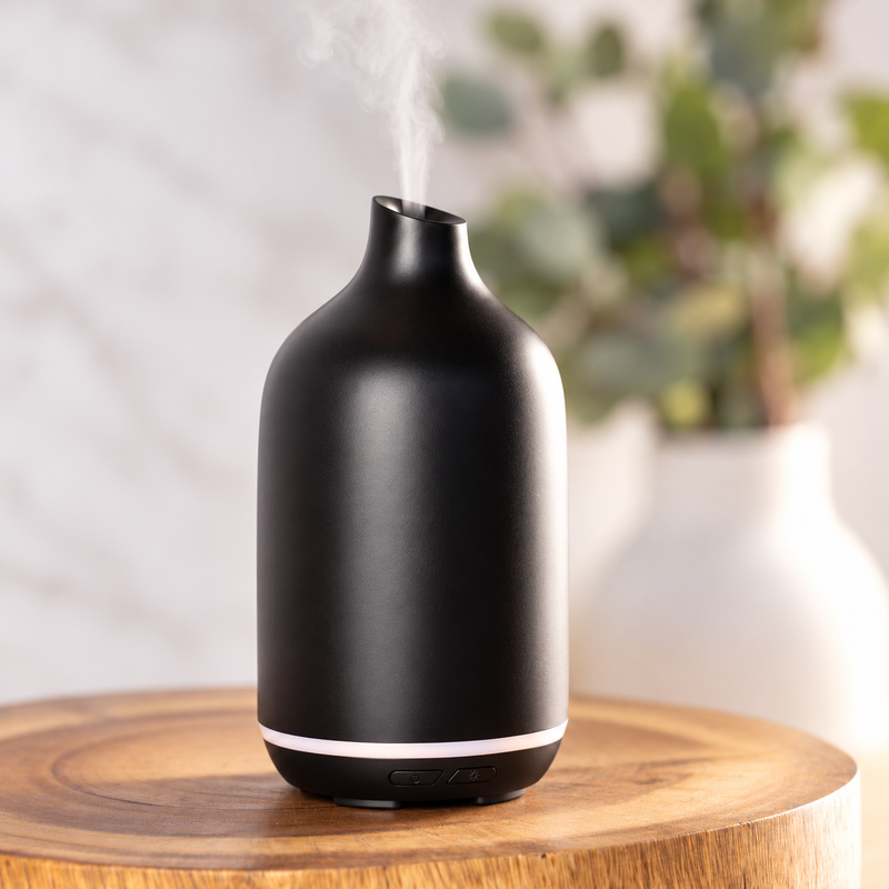 Aroma-Dune Diffuser in matte black with a soft white light ring, releasing mist on a round timber side table with eucalyptus in a white vase behind