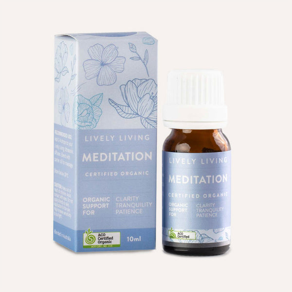 Lively Living Meditation essential oil bottle and packaging on a white background