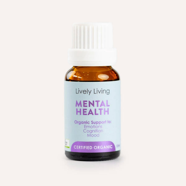 Bottle of Lively Living Mental Health supplement on a white background