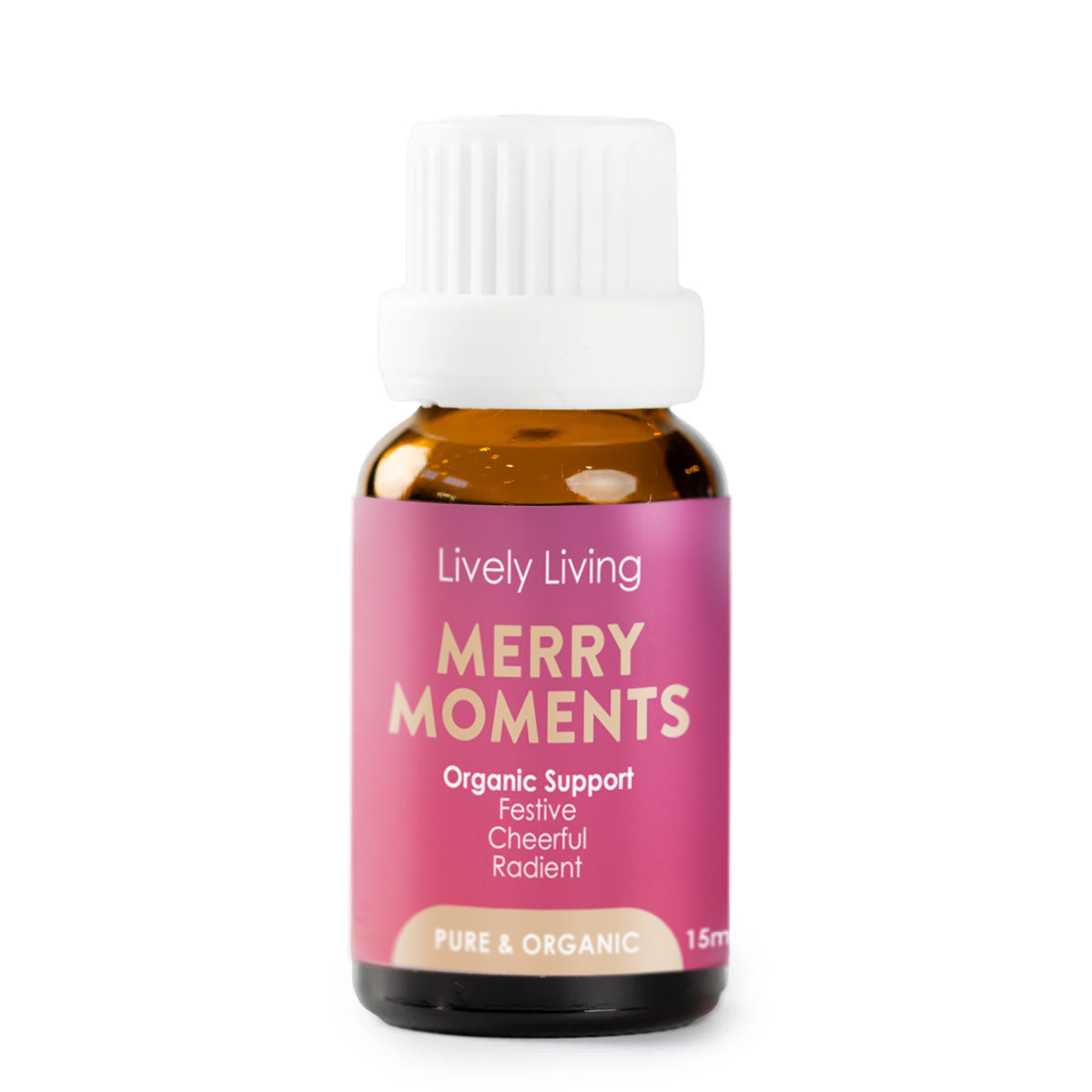 Bottle of Lively Living Merry Moments essential oil on a white background
