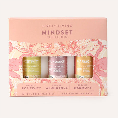Lively Living Mindset Collection with three essential oil bottles in a decorative box.