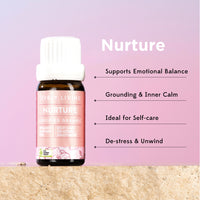 A small amber bottle of Lively Living Nurture essential oil with a white cap, set against a soft pink background with text listing its benefits: supports emotional balance, grounding and inner calm, ideal for self-care, and helps de-stress and unwind.