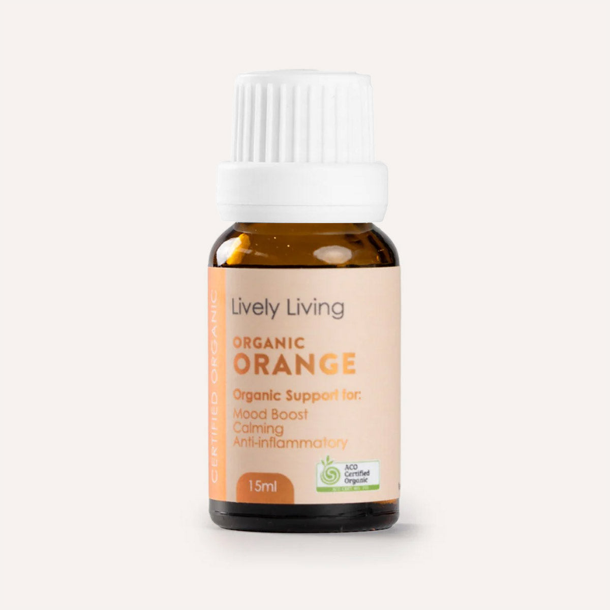 Lively Living organic orange essential oil bottle on a white background