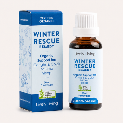 Lively Living Winter Rescue Remedy bottle and packaging on a white background