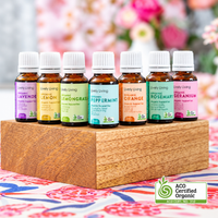 Six small amber glass essential oil bottles with white caps are arranged on a wooden block. The bottles have colorful labels in purple, yellow, light green, blue, orange, and pink, with the brand name 'Lively Living' visible on each.