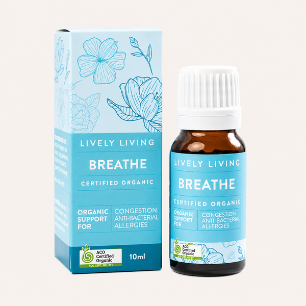 Lively Living Breathe organic product packaging and bottle on a white background