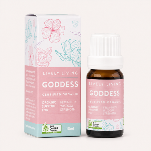 Lively Living Goddess organic product packaging and bottle on a white background
