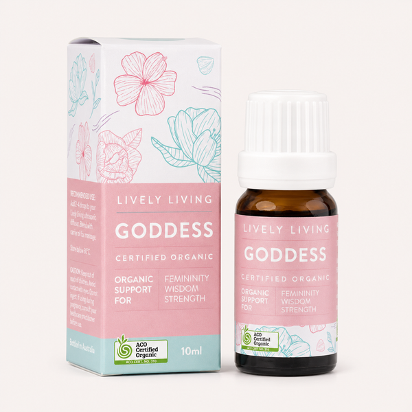 Lively Living Goddess organic product packaging and bottle on a white background