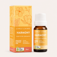 Lively Living Harmony organic product packaging and bottle on a white background