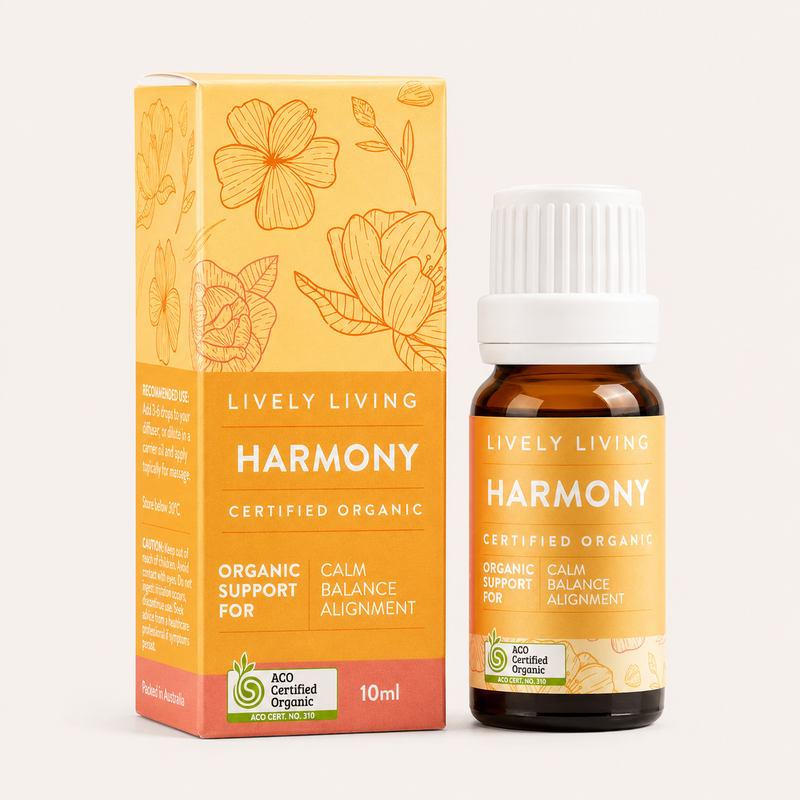 Lively Living Harmony organic product packaging and bottle on a white background
