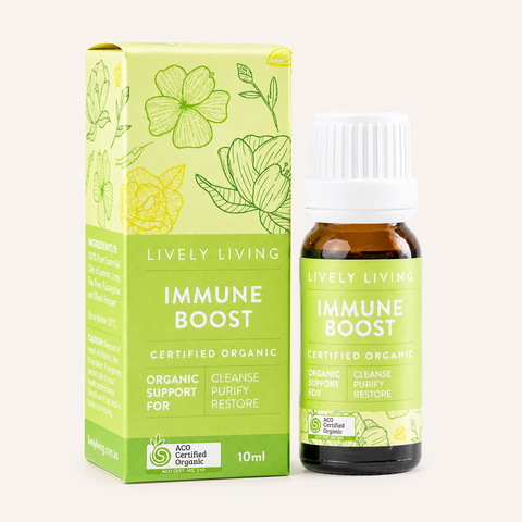 Lively Living Immune Boost supplement bottle and packaging on a white background