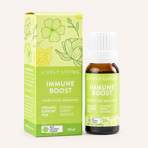 Lively Living Immune Boost supplement bottle and packaging on a white background