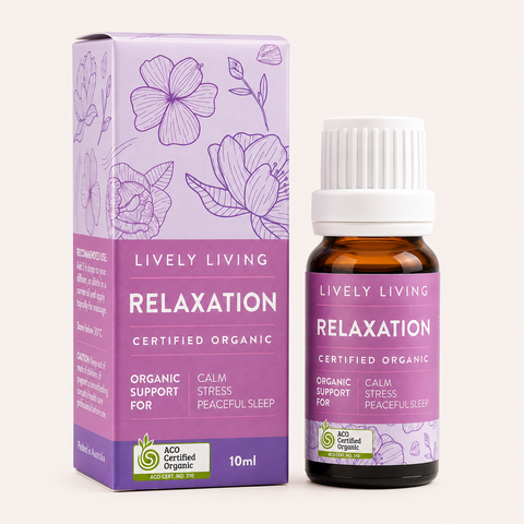 Lively Living relaxation essential oil bottle and packaging on a white background