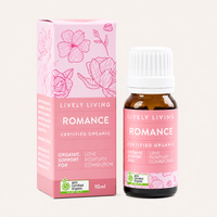 Lively Living Romance organic product packaging and bottle on a white background
