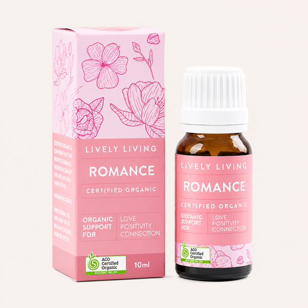 Lively Living Romance organic product packaging and bottle on a white background