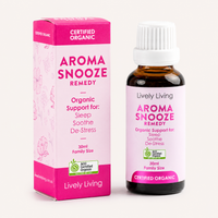 Aroma Snooze remedy bottle and packaging on a white background